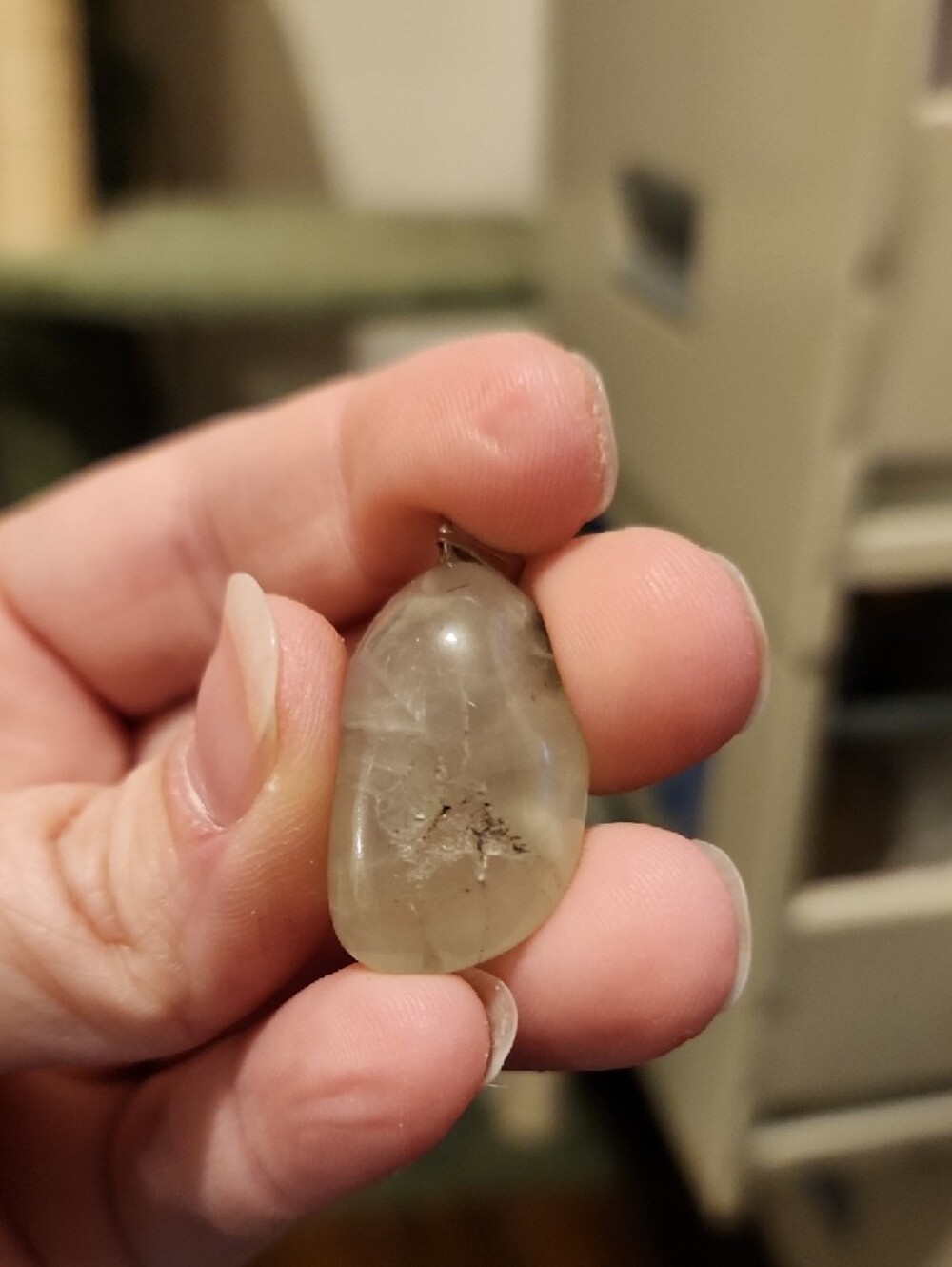 Tumbled Pale Green Prehnite with Tourmaline and Small Epidot Inclusions Pendant - Picture 4 of 7